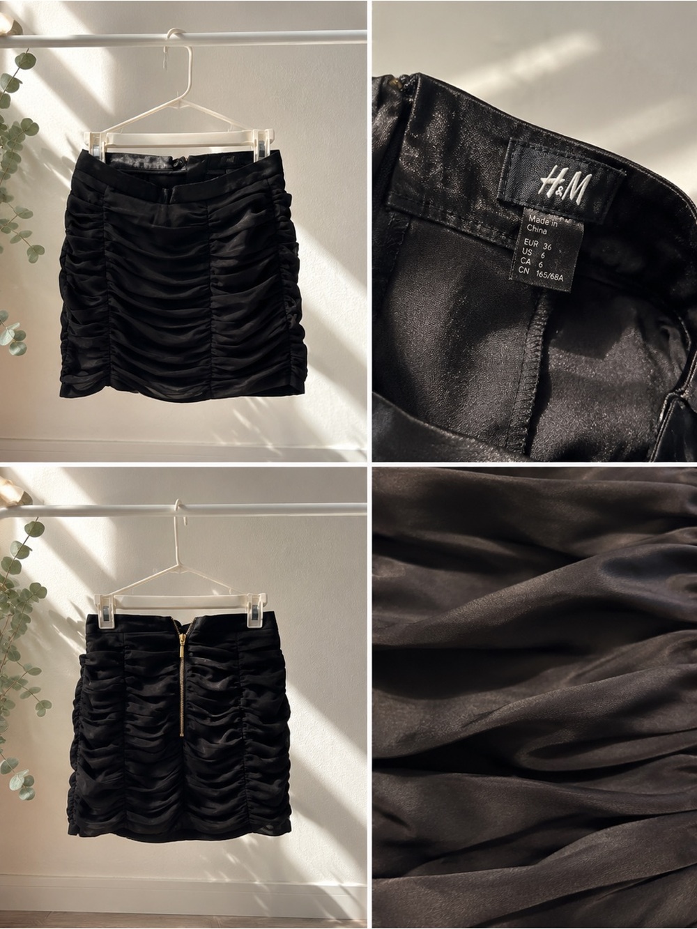 H&M Black Ruched Satin Mini Skirt with Back Zip